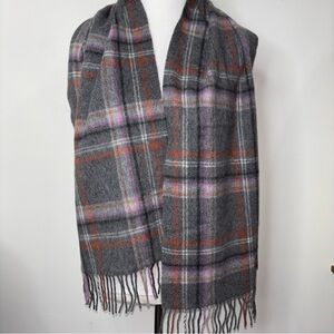 Louisa Perini 100% Cashmere Scarf Fringe Gray Pink Orange Plaid